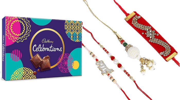 Rakhi with Gift for Brother with Chocolate Box Combo Cadbury Celebration Pack with Premium 4 Rakhis