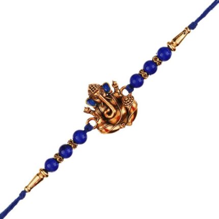 Designer Blue & Gold Ganesha Rakhi and Roli-Chawal Set