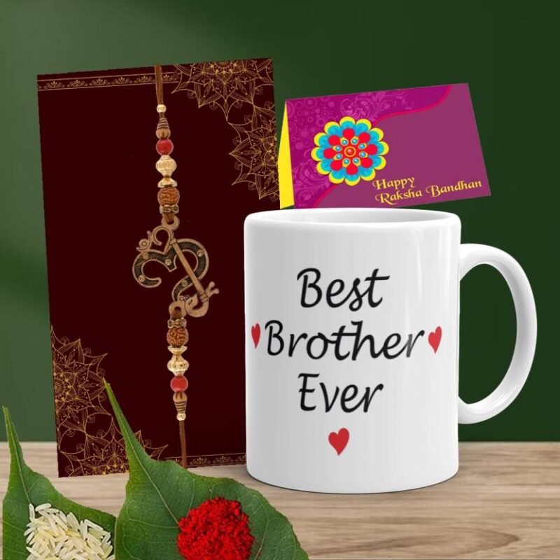 Designer Om Rakhi Best Brother Printed Coffee Mug and Roli-Chawal Set
