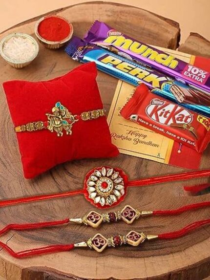 Om & Radha-Krishna Rakhi with Cadbury Celebrations combo