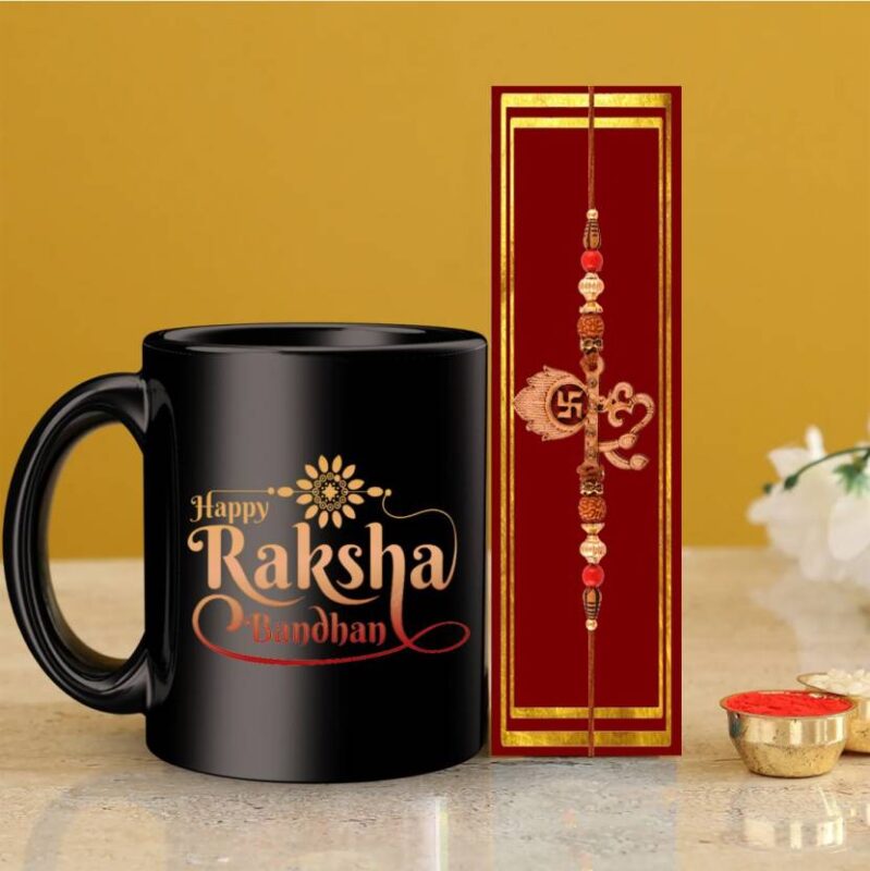 Om-Swastika Rakhi With Printed Coffee Mug and Roli-Chawal Set