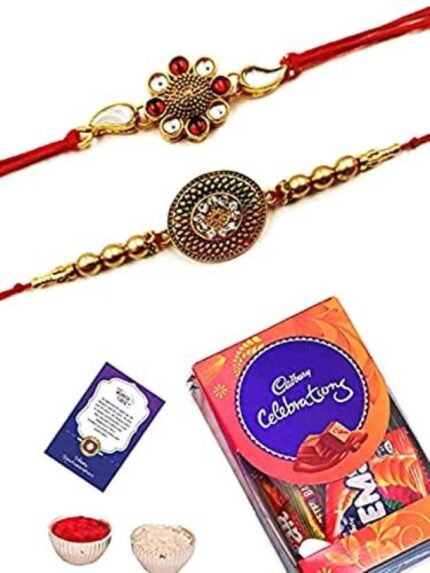 Padmabuja Golden Designer Rakhi with Cadbury Celebrations combo