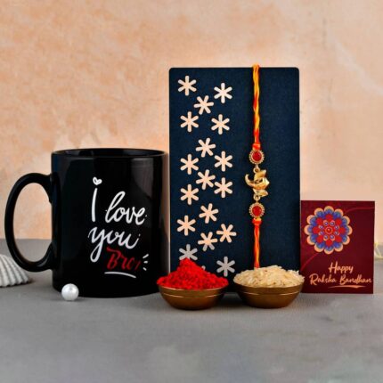 Shree Ganesha Rakhi With Printed Coffee Mug and Roli-Chawal Set