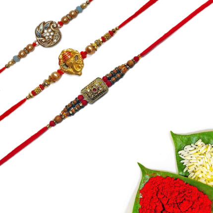 Padmabuja Ethnic Golden Beads Rakhi Combo Of 3