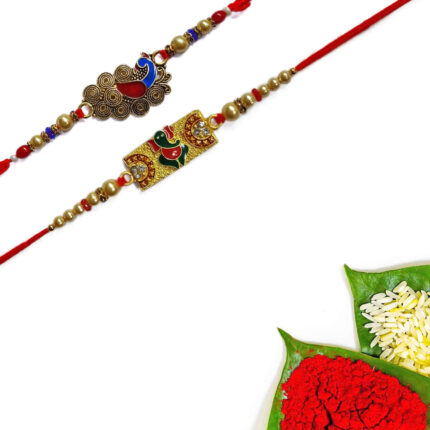 Handcrafted Peacock and Ganpati Rakhi set of 2