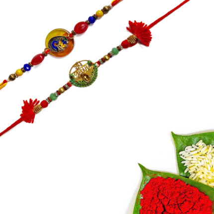 Set of 2 Handcrafted Radhey Krishna And Peacock Rakhi