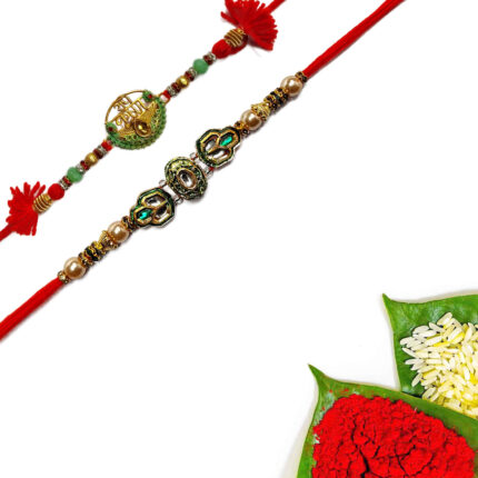 Padmabuja Radhey Krishna And Green Stone Rakhi set of 2