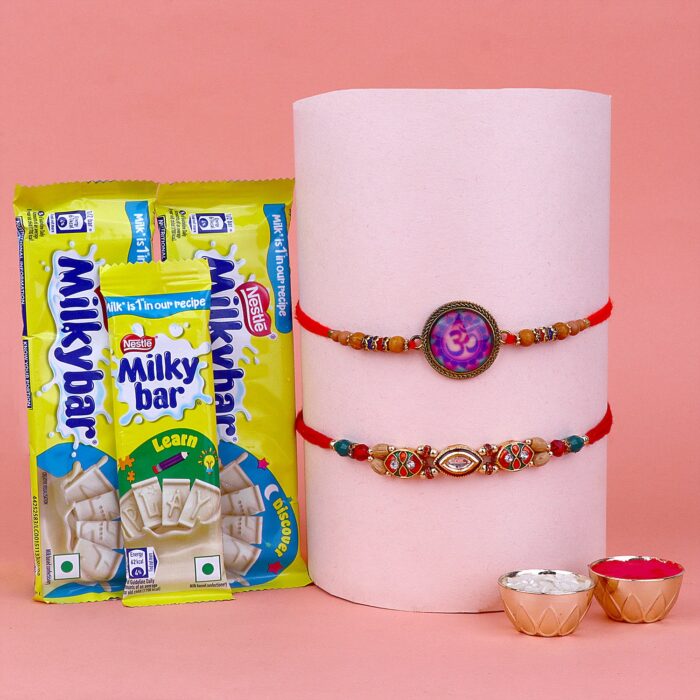 Om Design Rakhi with Milky bar Chocolate