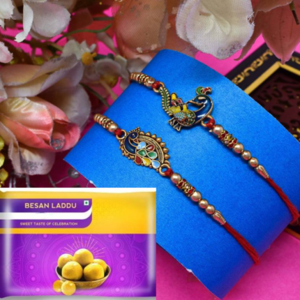 Padmabuja Peacock Design Rakhi with Besan Laddu