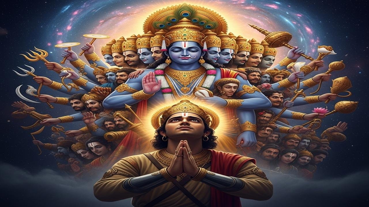 Arjuna Witnesses Infinite Faces and Arms in the Universal Form