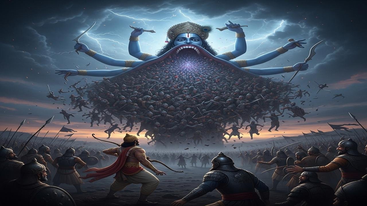 Arjuna Sees Krishna Devouring the Warriors of Both Armies