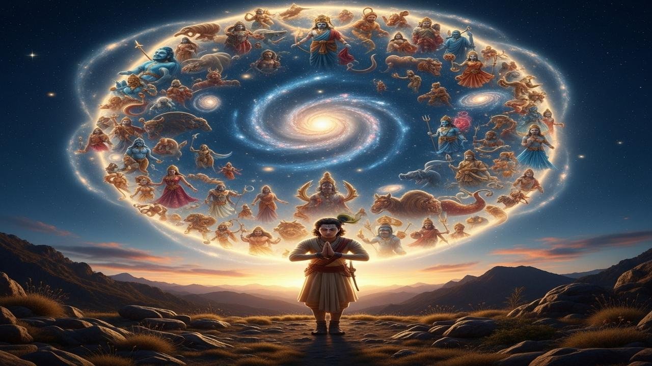 Arjuna Bows and Praises the Universal Form