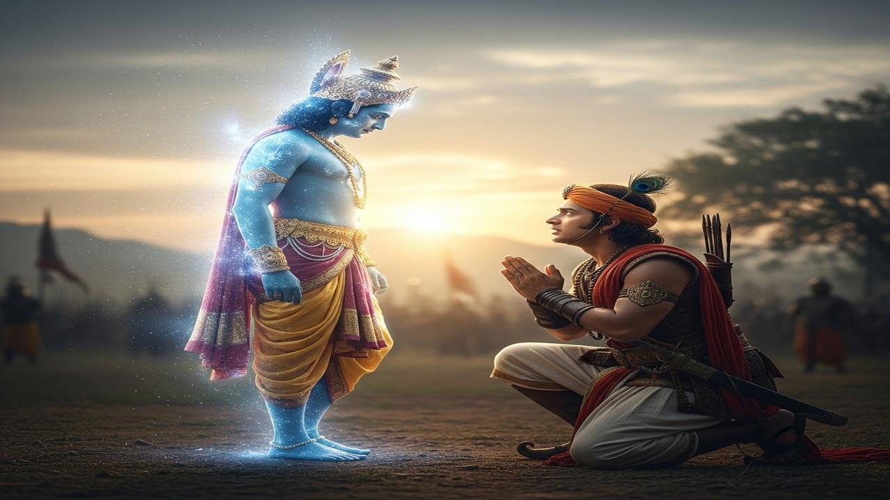 Arjuna Asks Krishna to Return to His Gentle Form